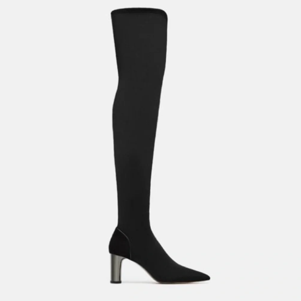 ZARA Over the Knee Stretch Black Boots Silver Heel Size 8 Thigh High Neoprene